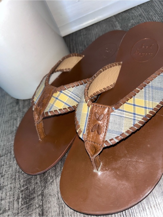 Jack Rogers Brown Leather Flip Flops with Yellow & Blue Plaid Straps main image 8